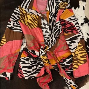 Tie-Front Animal Print Blouse in Pink, Brown & Yellow